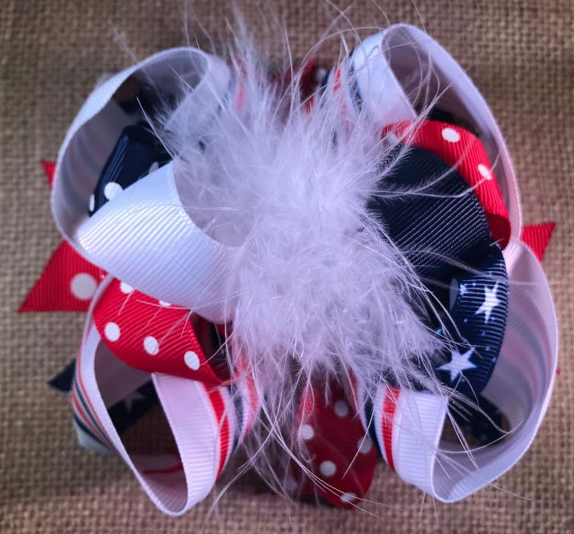 Red White Navy Stars Patriotic 4th of July White Marabou Hair Bow 5