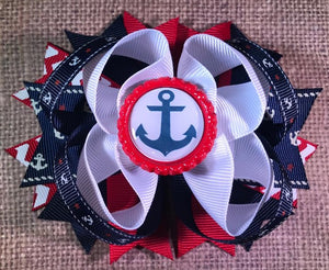 Red White Navy Nautical Anchor Hair Bow 4.5"
