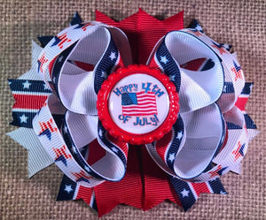 Red White Navy Stars "Happy 4th of July" Flag Bottle Cap Hair Bow 4.5"