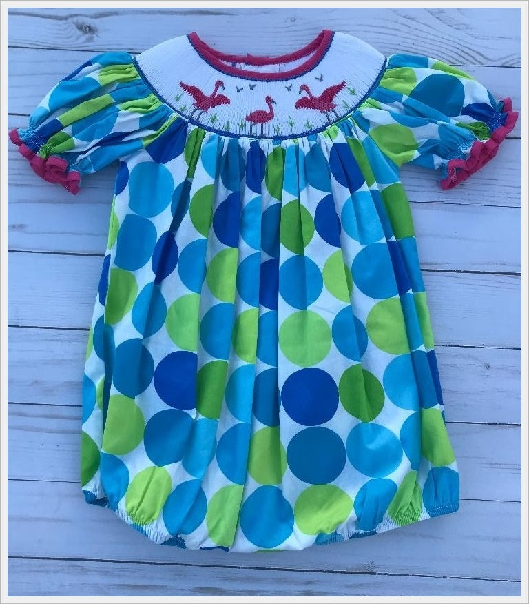 Turquoise & Lime Bird Smocked Bubble * 6 Months