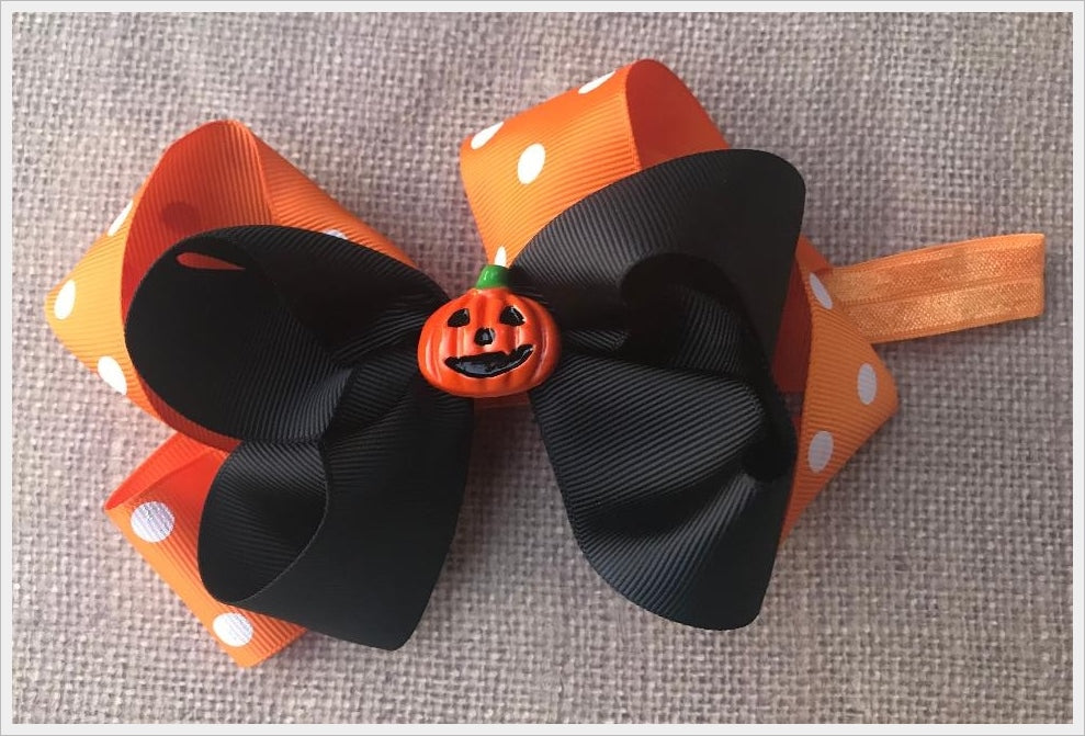 Orange & Black Jack O Lantern Halloween Big Bow Headband
