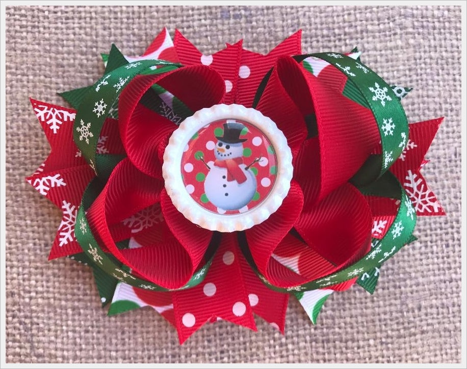 Red and Green Christmas Snowman Bottle Cap Hair Bow * 4.5