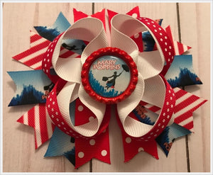 Red White Blue Mary Poppins Bottle Cap Hair Bow 5"