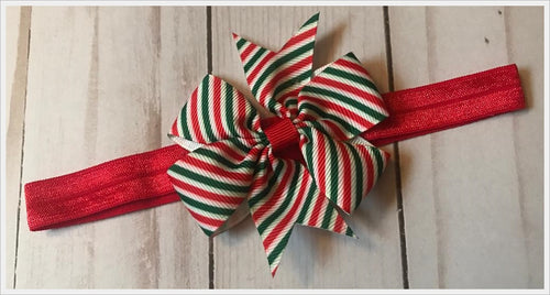 Red and Green Striped Pinwheel Bow Christmas Headband