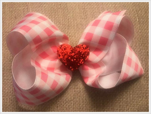 Valentine's Day Pink Plaid Red Glitter Heart Hair Bow * 6