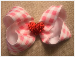 Valentine's Day Pink Plaid Red Glitter Heart Hair Bow * 6"