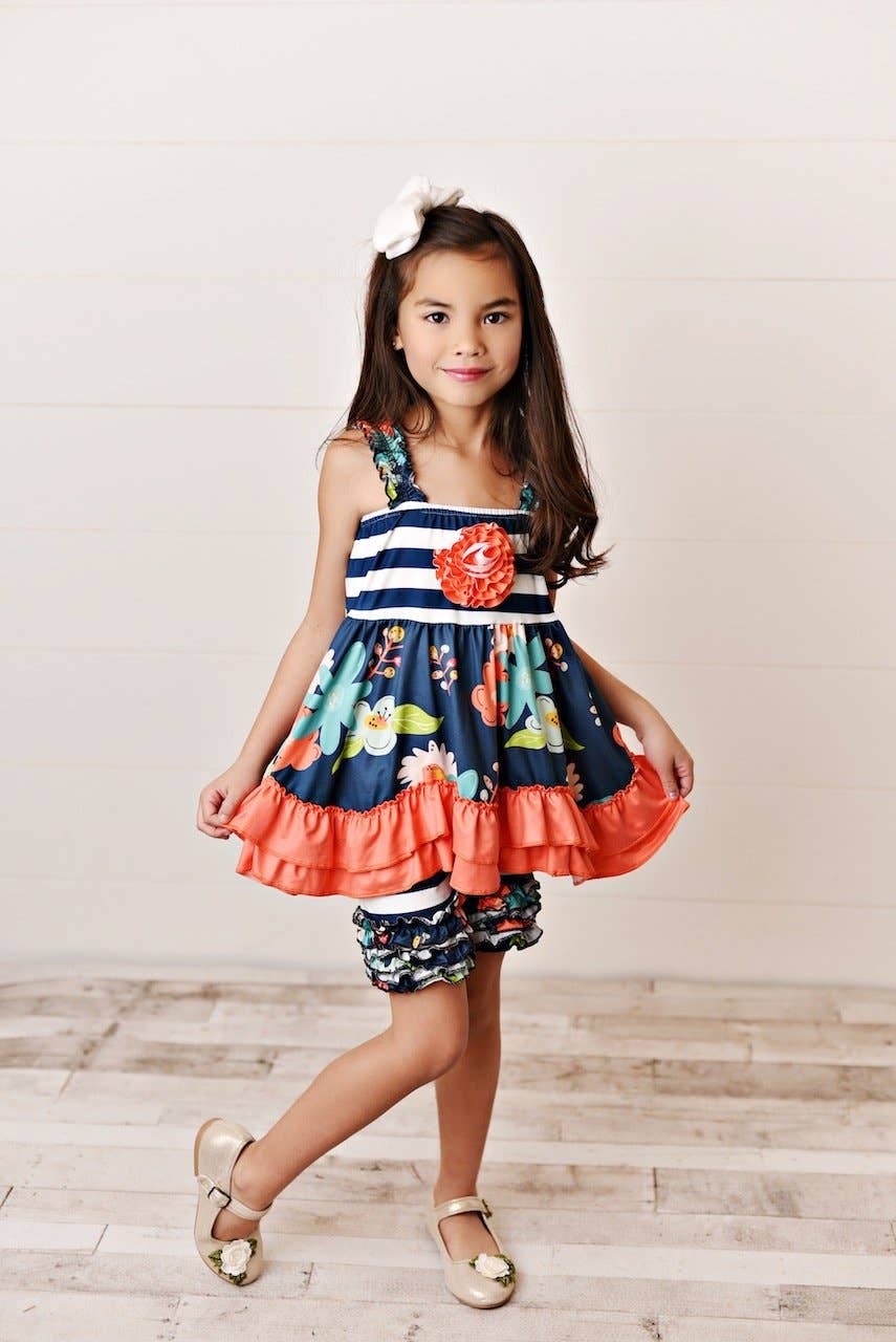 Navy and Coral Floral Top and Ruffle Shorts Set | Little Girls 4 or 5