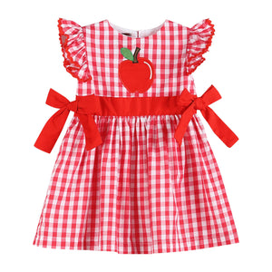 Red Gingham Apple Angel-Sleeve Bow-Waist Dress | 5 Years
