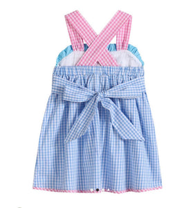 Blue Gingham Sleeveless Smocked Dress with Embroidered Pink Sailboats | 3T