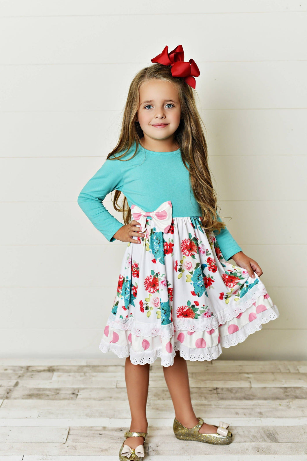 Teal and Pink Floral Polka Dot Tiered Dress * Little Girls 3 4 5