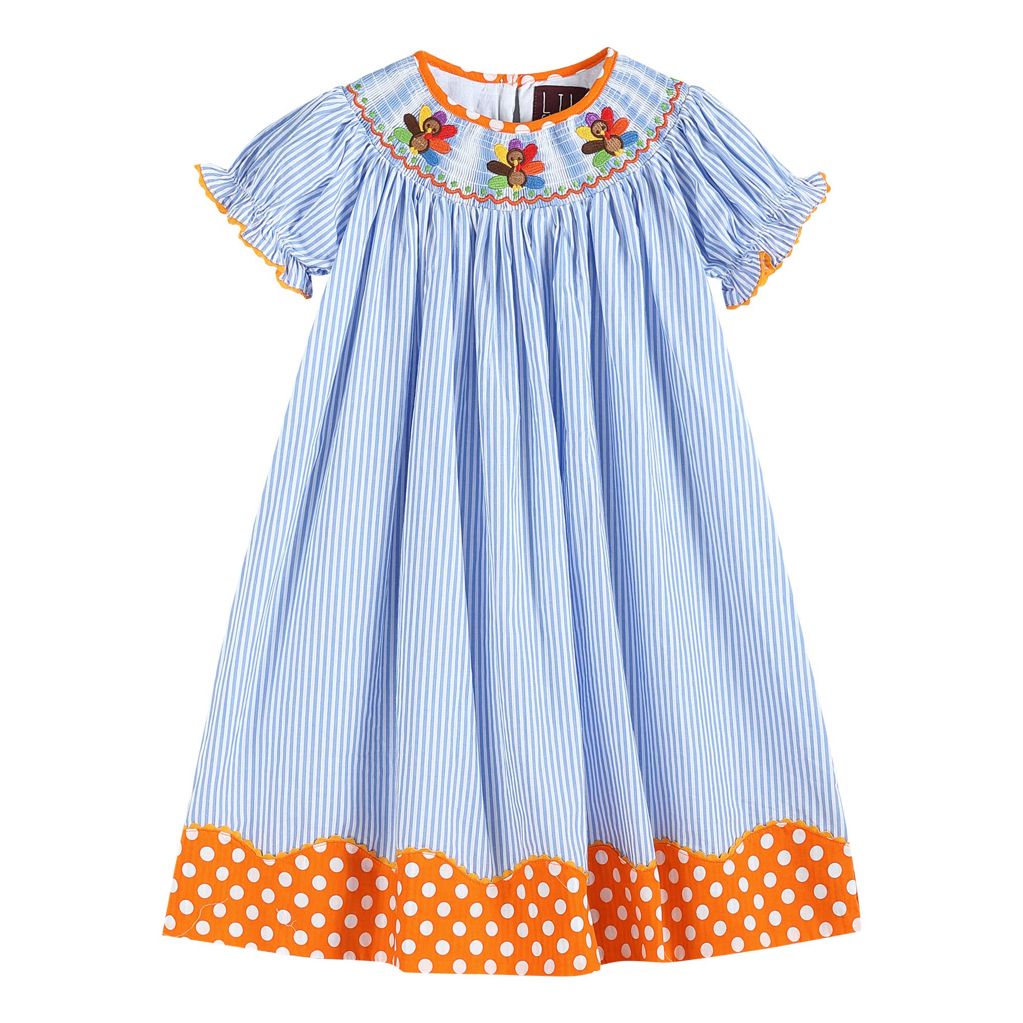 Thanksgiving Blue & Orange Turkey Smocked Bishop Dress