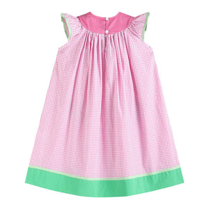 Pink and Green Gingham Watermelon Angel-Sleeve Yoke Dress | 6 Years