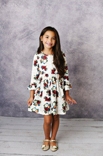 White and Maroon Floral Twirl Dress * Little Girls 3 4 5 6