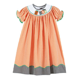 Orange and Black 'Boo' Gingham Smocked Bishop Dress | 5 Years Little Footprints Children's Shop Orange and Black 'Boo' Gingham Smocked Bishop Dress | 5 Years Little Footprints Children's Shop