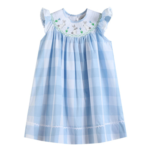 Blue Gingham Bunny Smocked Bishop Dress | 5 6 Years