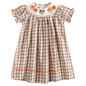 Brown Gingham Pumpkin Turkey Smocked Bishop Dress