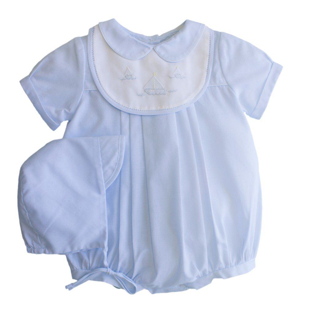 Blue Romper with Embroidered Sailboat Bib and Hat | 3 6 9 Months