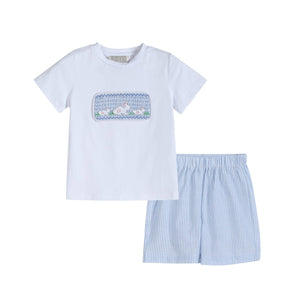 Blue Seersucker Easter Bunnies Boys Smocked Shirt and Shorts Set | 18-24M 2T 3T 4T 5Y
