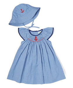 Anchor Embroidered Blue Check Smocked Dress Set with Sun Hat | 12 18 24 Months