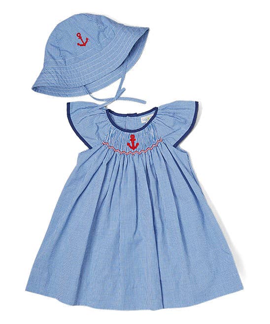 Anchor Embroidered Blue Check Smocked Dress Set with Sun Hat | 24 Months