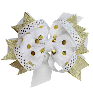 Gold & White Polka Dot Hair Bow 4.5"