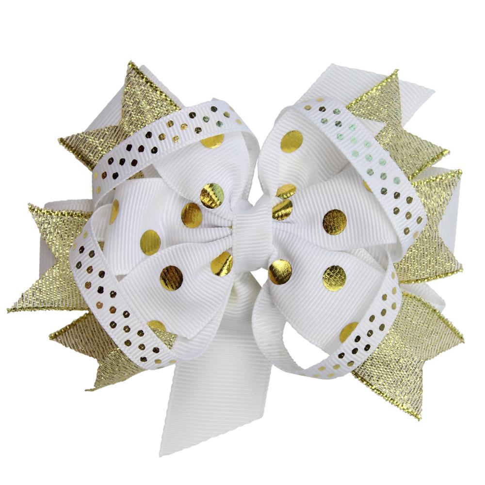 Gold & White Polka Dot Hair Bow 4.5