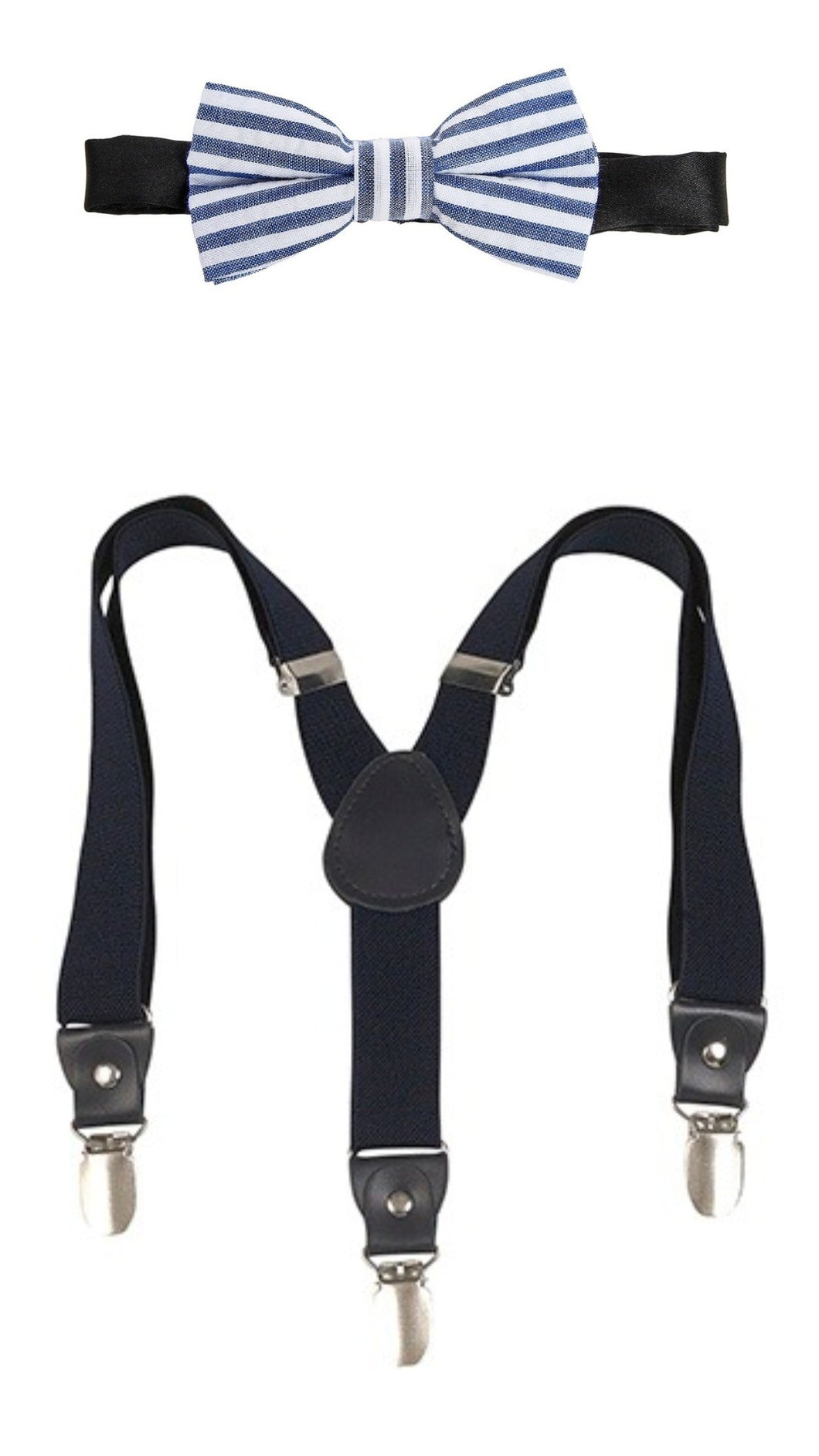 Blue Seersucker Bow Tie & Navy Suspenders Set by London Bridge