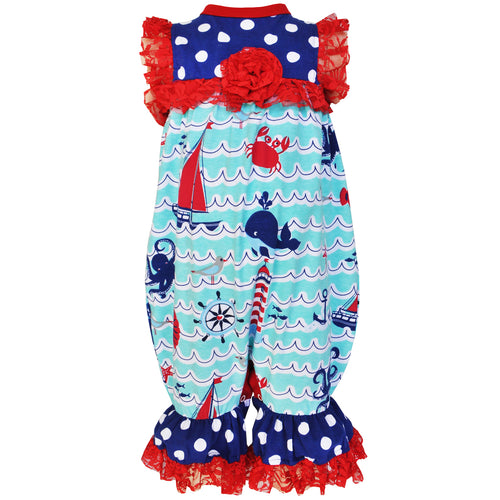 Girls Boutique Nautical Romper w/Red Lace Trim | 6-9M 12-18M 18-24M