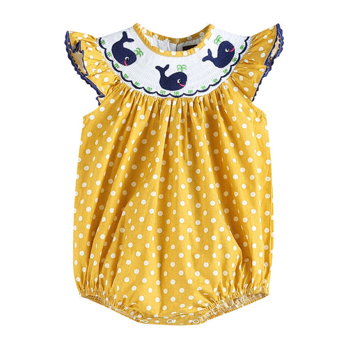 Mustard Polka Dot Whales Smocked Romper | 3-6M or 12-18M